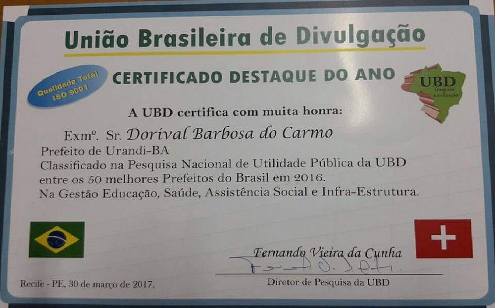 Certificado recebido pelo prefeito de Urandi, Dorival do Carmo Barbosa (PP) (Foto: Divulgação) Certificado recebido pelo prefeito de Urandi, Dorival do Carmo Barbosa (PP) (Foto: Divulgação)